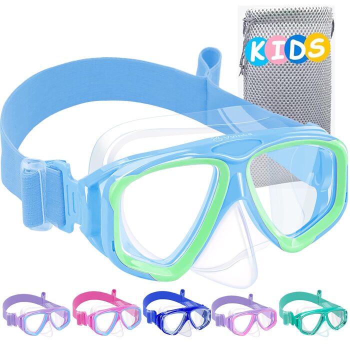 Дитячі окуляри для плавання Vvinca з захистом носа та текстильним ремінцем, ударостійкі, проти запотівання та водонепроникні, для дітей 3–14 років (03-Blue Green)