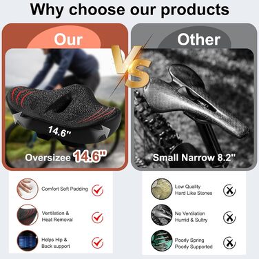 Комфортний велосипедний сідло Oversize для чоловіків та жінок, широке без носа, водонепроникне з memory foam, підходить для Peloton, фітнесу, електровелосипедів, міських велосипедів. Ширина: 37 см