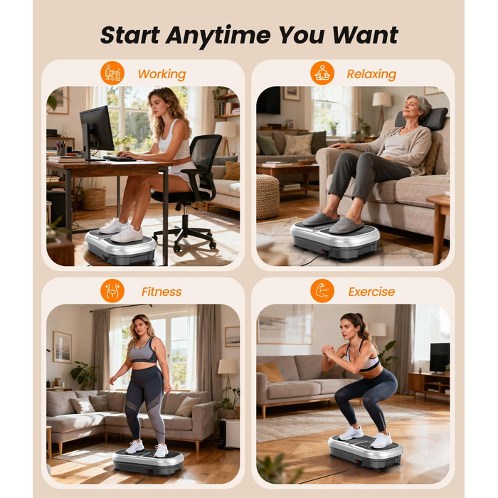 Вібраційна платформа 200W для фітнесу з пультом дистанційного керування, 120 рівнів, ультразвук та гумові ніжки – для домашніх тренувань, підтяжки м'язів та регенерації, ідеально для жінок та людей похилого віку, сріблястого кольору