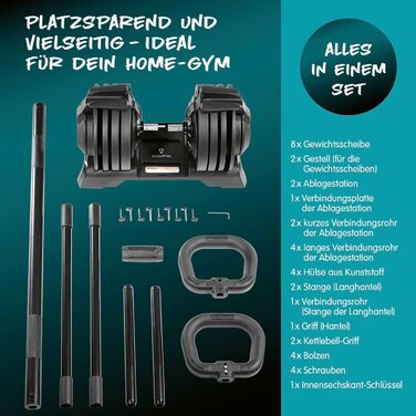 Мультифункціональний набір гантелей DoYourFitness 3-24 кг, регульований, для дому, коротка і довга штанга, гиря, універсальний для силових тренувань та витривалості