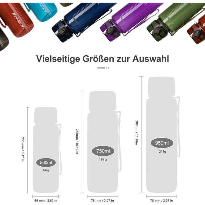 Водяна пляшка UZSPACE 750 мл: Tritan, без BPA, для дітей, велосипед, фітнес, Outdoor (чорний)