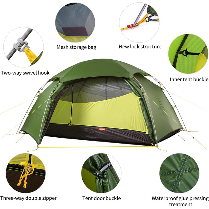 Намет Naturehike Cloud Peak: Ultraleicht 4-сезонний намет для кемпінгу на 2-3 особи, 20D, колір: Waldgrün
