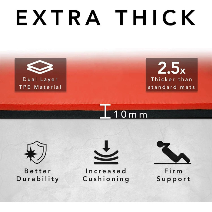 Тренувальний килимок – великий, широкий та товстий для чоловіків та жінок (183 см x 80 см x 10 мм) – TPE фітнес килимок, неслизький, для дому, HIIT, пілатесу, гімнастики, сірий – з принтом (червоний)