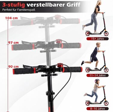 COSTWAY Розкладний самокат для дітей та дорослих, чорний. Регульована висота, дзвінок, підставка, ремінь для перенесення, до 100 кг
