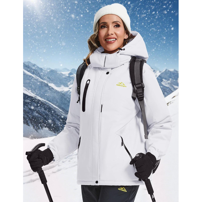 TACVASEN Зимова куртка для жінок, водонепроникна, з флісовою підкладкою, знімний капюшон, для сноуборду та катання на лижах, біла, розмір M