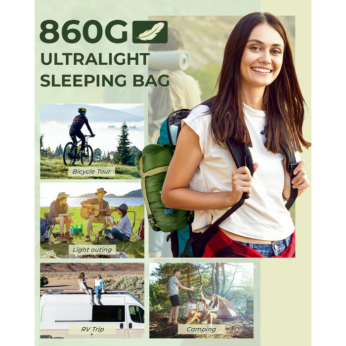 Сплячий мішок Ohuhu, компактний та ультралегкий (900г), літній, ковдровий, для дому та відпочинку на природі, кемпінгу, подорожей та фестивалів (зелений)