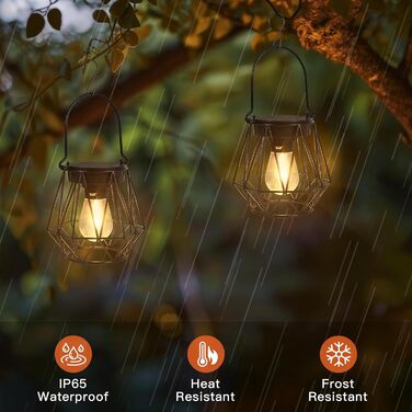 2 Сонячні ліхтарі для вулиці, підвісні, IP65, металеві, LED, для саду, патіо, кемпінгу, газону, чорні (шестикутні)