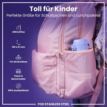 Дитяча пляшка для води ion8 Evo 400мл, неізольована, з нержавіючої сталі, з клапаном, легко миється