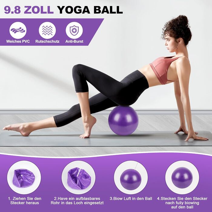 Набір для пілатесу: кільце, фітнес-м'яч, турнік для стегон, еспандер у формі 8, ремінь для йоги та стрейчингу. Фітнес-обладнання для дому. Колір: фіолетовий