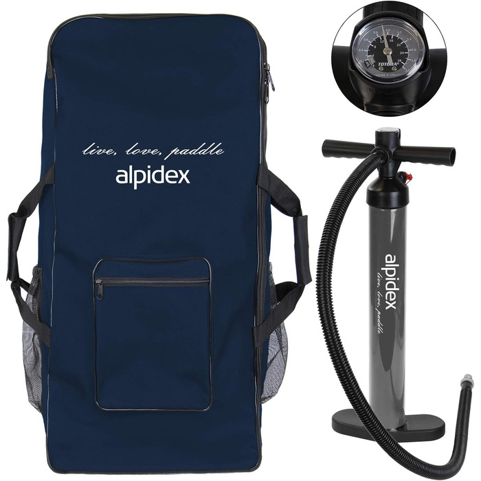 Набір SUP ALPIDEX Stand Up Paddle 305 см, синій. Надувний, стабільний, легкий, комплект з сумкою, веслом, фінами, насосом, стропом та набором для ремонту. Макс. вантажопідйомність 150 кг.