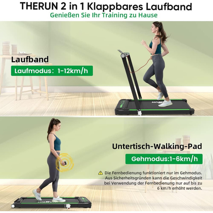 Електрична бігова доріжка THERUN Walking Pad, складана, зелена, ширина полотна 43 см, подвійна амортизація, сенсорний екран, 2.5 к.с., тиха робота, для дому та офісу