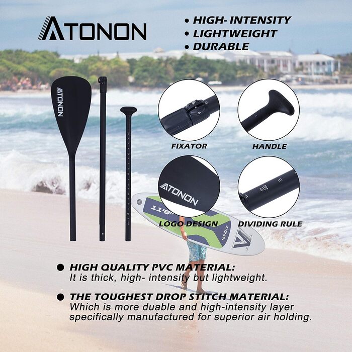 Надувний SUP (Stand Up Paddle Board) ATONON GREEN з аксесуарами | Для початківців, підлітків та дорослих | Широкий, з антиковзким покриттям та нижніми плавниками для контролю в серфінгу