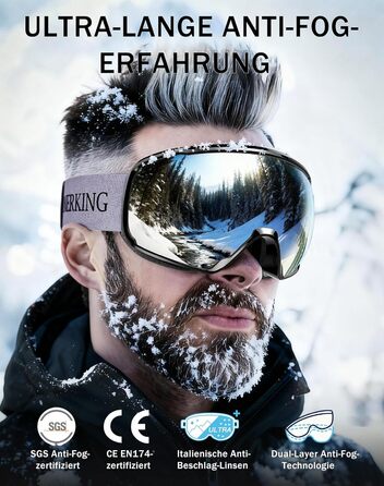 Окуляри для сноубордингу та гірських лиж Innerking OTG, Anti-Fog & UV400, з подвійним склом для носіння поверх корекційних окулярів, чоловічі/жіночі/підліткові, для сноубордингу та гірських лиж, чорний/срібний (VLT 11%) (A2 – чорний/димчастий сірий (VLT 8