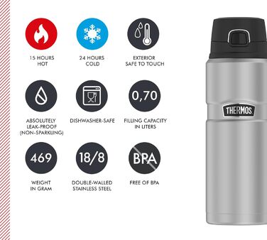 Термос-бутилка Thermos Stainless King 0,7 л з нержавіючої сталі, матова, з кришкою Safe Flow, 15 годин гарячого/24 години холодного, пляшка для води та чаю, придатна для миття в посудомийній машині, BPA-free