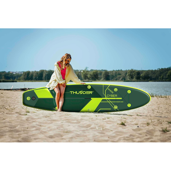 Надувна SUP-дошка THUNDER 320/365 см, зелена, антиковзка, PVC, з помпою, рюкзаком та регульованим веслом – ідеальна для заміни каяка або понтона