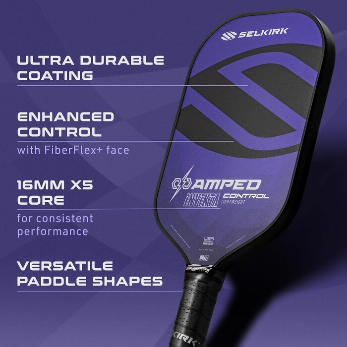 Ріккетбол Selkirk з посиленим контролем, фібергласовий ріккетбол, поверхня FiberFlex+, ядро Polypropylene X5 (16 мм), фіолетовий, легкий Invikta (довгаста форма)