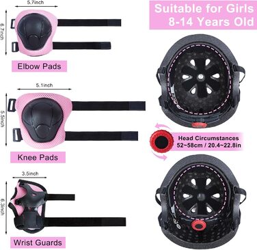 Дитячий шлем для велосипеда та роликів з захисним комплектом для дівчаток 8-14 років, рожевий, розмір M (52-58 см)