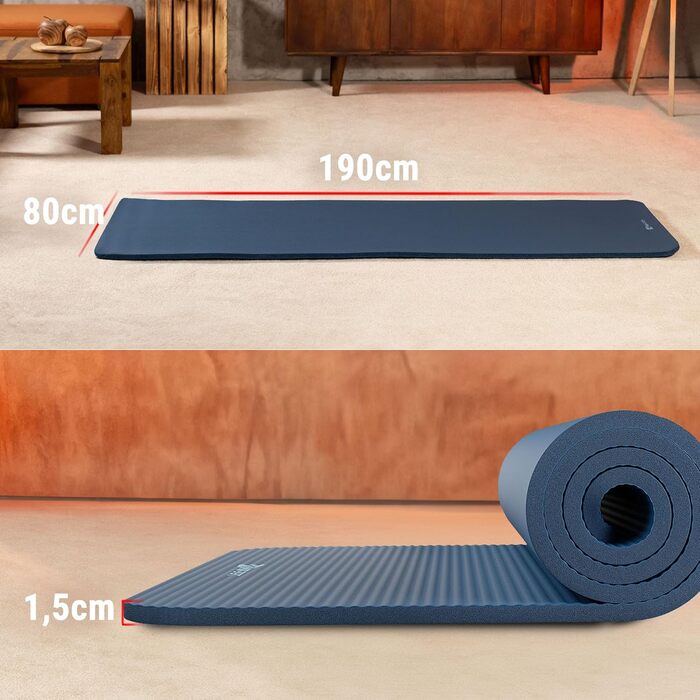Килимок для гімнастики Hop-Sport 190 x 80 x 1,5 см, фітнес-килимок з NBR-піни, з ремінком (OCEAN BLUE)