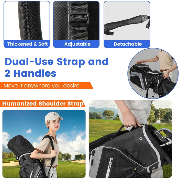 Сумка для гольфу LIFEZEAL Stand Bag сірого кольору з 14 відділеннями, підставка, ремінь, тримач для напоїв, 9 кишень, кишеня-холодильник, тримач для парасольки