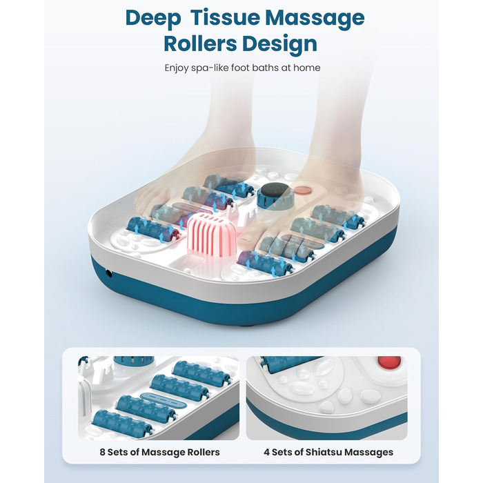 Зручне ванночка для ніг Comfier з масажем, підігрівом та функцією бульбашок | Складаний масажер для ніг | Вібрація, функція бульбашок, таймер, пемза для педикюру, 35°C-48°C, 8 Shiatsu роліків (Чорний, Синій)