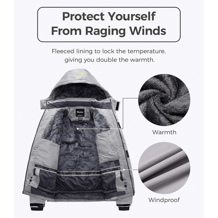 Чоловіча гірськолижна куртка Wantdo: теплий флісовий мантель, водонепроникна та дихаюча, з капюшоном, вітрозахист, сірий колір, розмір XL