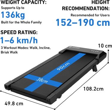 Бігова доріжка DeerRun Walking Pad з нахилом 6% для дому та офісу, компактний тренажер під стіл з App, пультом та LED-дисплеєм, до 136 кг, чорна