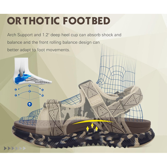 Чоловічі сандалі Oncaі Wandersandalen Trekking Ortho – зручні ортопедичні сандалі для відпочинку та спорту, розмір 44.5 EU, колір бежево-коричневий камуфляж