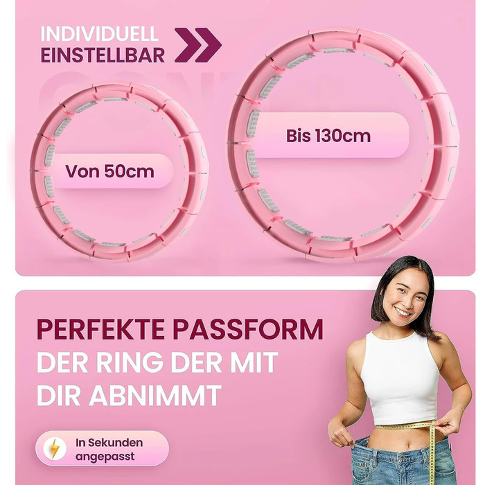 Leiser Smart Hula Hoop Gymside Hoopside Pro - для схуднення та фітнесу, з масажними шипами, 18 знімних секцій (Рожевий)
