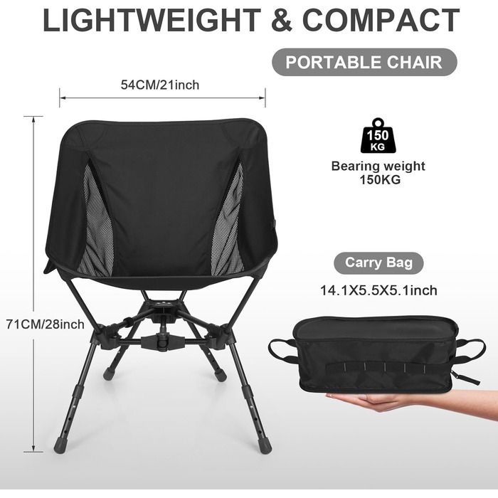 Складний туристичний стілець TOPCHANCES для кемпінгу та відпочинку на природі, чорний. Максимальне навантаження: 150 кг, з бічною кишенею та дихаючою сіткою.
