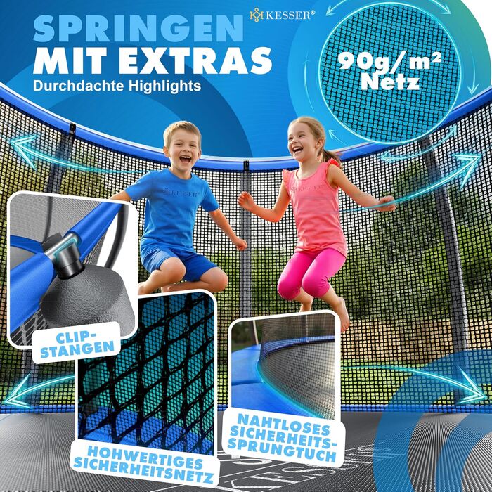 Трамплін KESSER® Outdoor для дітей та дорослих, діаметр 244/305/366/427 см, з сертифікатом GS, безпечне сітко, сходи, захисний борт, подушки на стійках (блакитний)