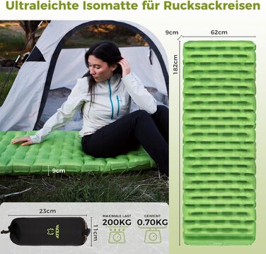 ATEPA ThermAir Ultraleichte Isomatte: Каремат для кемпінгу та хайкінгу, 9 см, R-значення 6, зелений (183x64 см)