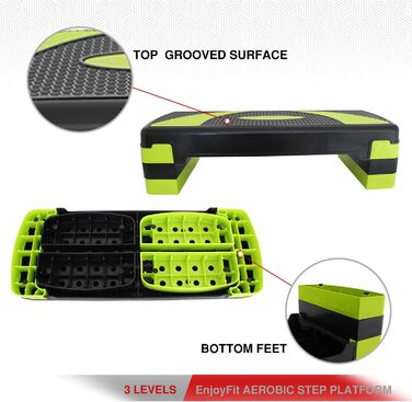 Аеробічний степ-платформа EnjoyFit XL преміум, 3-рівнева висота, 78x30x10/15/20 см, зелено-чорна