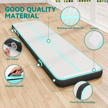 Накидка-мат для гімнастики DWVO Air Matte Track, 3/4M, 4M з вуглецевим волокном, стильний дизайн з повітряним насосом 10см, для тренувань, акробатики, йоги, активного відпочинку та фітнесу, зелений колір, покращений шрифт (чорний шрифт, 4M)