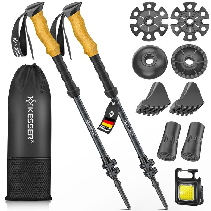 Трекінгові палиці KESSER® алюмінієві з корковим грифом | Складні/телескопічні палиці для скандинавської ходьби, туризму, гірського спорту та лижний туризм + ліхтарик для кемпінгу