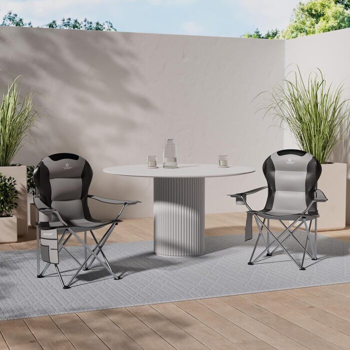 Крісло для кемпінгу KESSER® з підлокітниками, високою спинкою, місткістю до 150 кг, сіре/чорне, з підсвіткою та тримачем для напоїв