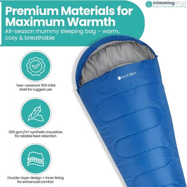 Спальний мішок Mumienschlafsack для дорослих - легкий, компактний, водонепроникний з капюшоном, 220x85см, теплий, пральний, для кемпінгу, походів, подорожей, зелений (королівський синій)