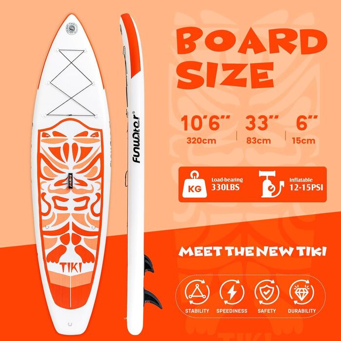 Надувний SUP (Stand Up Paddle Board) FunWater 10'6' & 11'6' з аксесуарами: весло, насос, рюкзак, плавники. Підходить для будь-якого рівня підготовки. Кольори: рожевий (10'6-TIKI ROSA), помаранчевий (10'6-TIKI ORANGE)