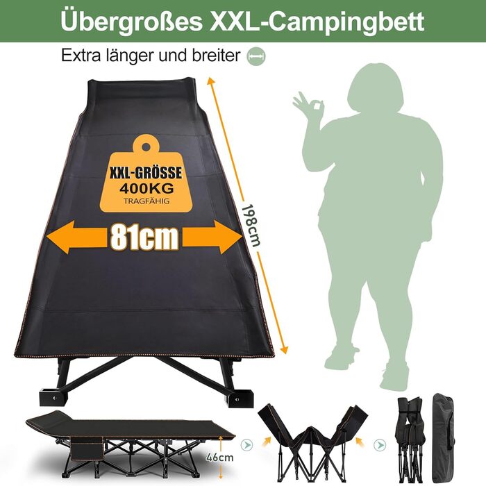 Велике розкладне ліжко з матрацом – 198x81x46 см, 400 кг, сталевий каркас, оксфордська тканина, для дорослих, сад, подорожі (XXL Чорний)