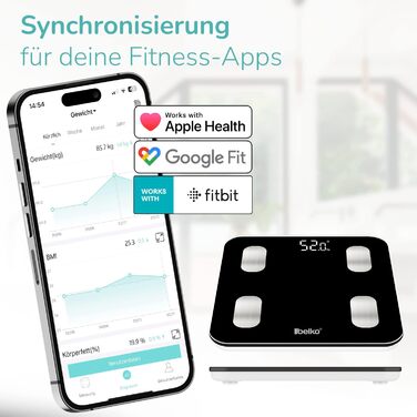 Вага Belko для вимірювання жиру в тілі Smart з Bluetooth® та додатком для вимірювання жиру, ІМТ, ваги, м'язової маси, води, білка, BMR та іншого, чорна