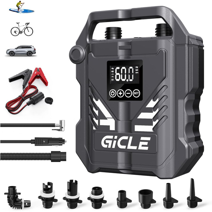 Електричний насос GICLE 60PSI для SUP, SUP-дошок, надувних човнів, велосипедів та наметів. Двоступеневий, швидка підкачка 12V