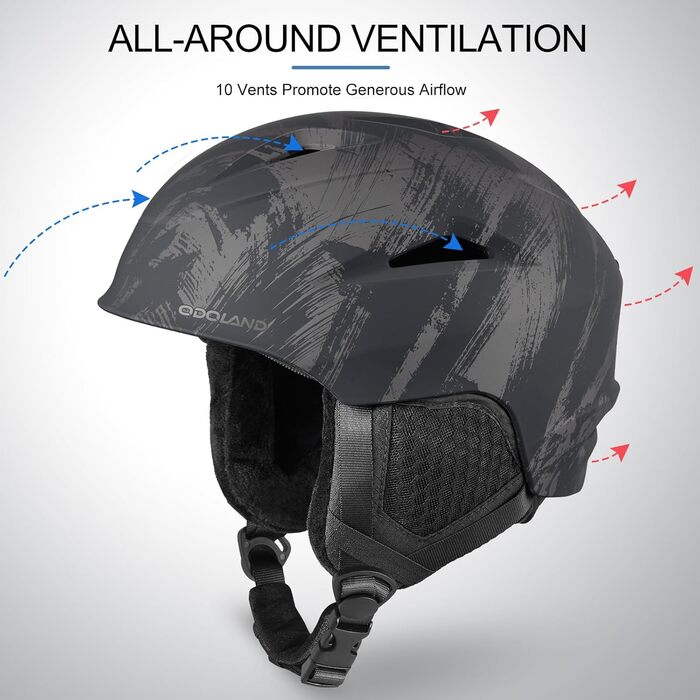 Шолом для лижного спорту та сноуборду Odoland з маскою, регульований, для чоловіків, жінок та підлітків, розмір L (60-61 см), колір: чорний