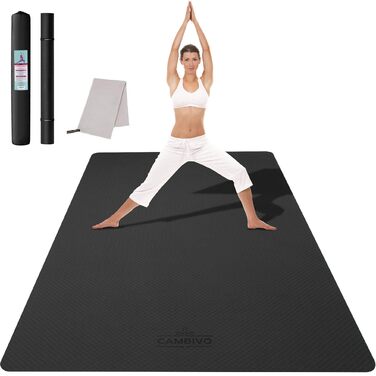 Килимок для йоги CAMBIVO XXL 183x122 см, 6/8/10/12 мм, TPE, чорний - для йоги, пілатесу, фітнесу, з сумкою