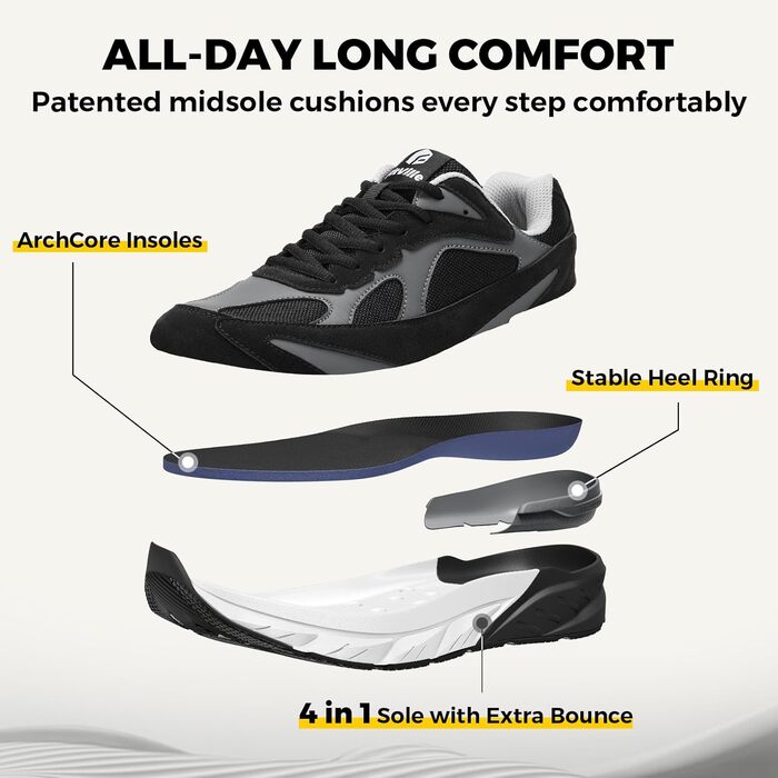 Чоловічі кросівки для бігу FitVille з широкою колодкою, чорно-сірі. Зручні, дихаючі, з неслизькою підошвою. Ідеальні для ходьби, фітнесу та джогінгу. Розмір 42.5 EU.