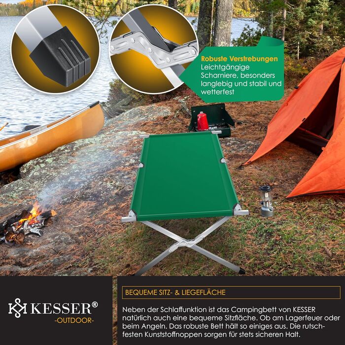 Кемпінгове ліжко KESSER® розкладне, 190/210 см, з сумкою, ліхтарем та кишенею, сталевий каркас, 150 кг, 600D Oxford