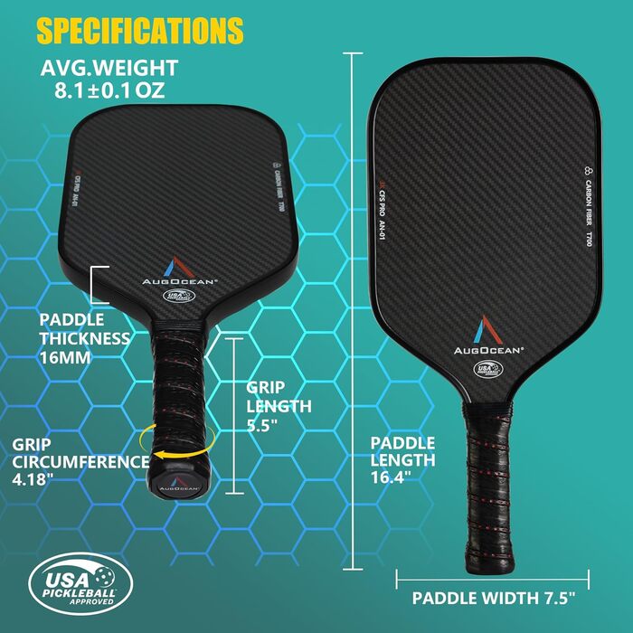 Набір ракет для піклболу Pro, 2 шт., 3K карбон, 16 мм, USAPA, чорно-коричневий