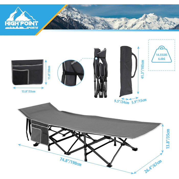 Розкладне ліжко для кемпінгу HIGH POINT SPORTS XXL, 270 кг, стабільне, легке, для дорослих, з сумкою та кишенею, сіре, 190 x 67 x 35 см