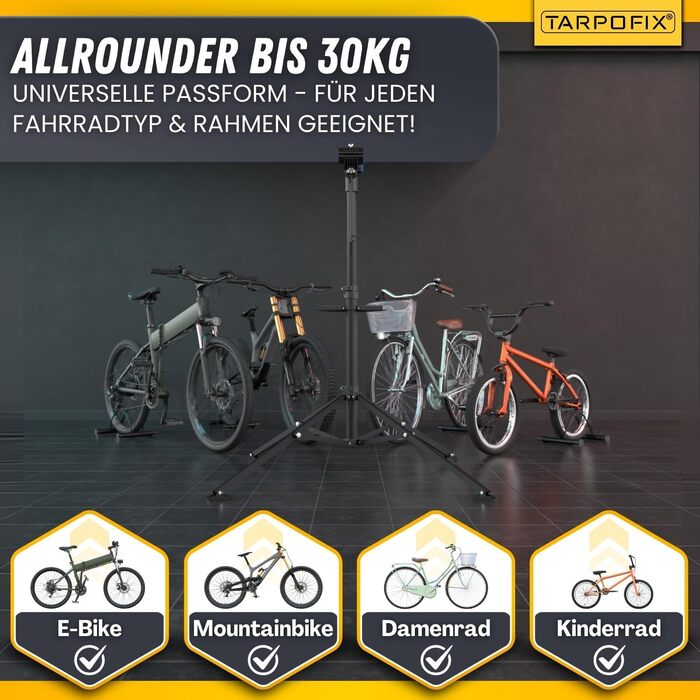 Підставка для збирання велосипедів Tarpofix® до 30 кг | Професійна підставка для ремонту велосипедів та електровелосипедів | Важкий велосипедний тримач E-Bike | Підставка для ремонту велосипедів (Чорний)