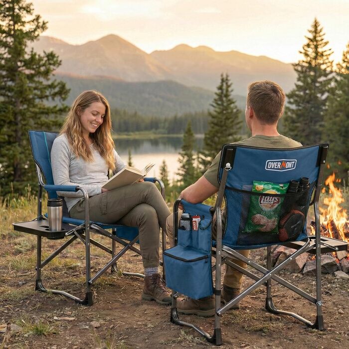 Стілець для кемпінгу OVERMONT: складаний, з підспівачем та сумкою-холодильником. Макс. навантаження 180 кг (2 шт., чорний)