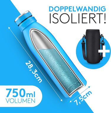 Фляга з нержавіючої сталі 750 мл - ізотермічна, BPA-free, для газованої води, миється в посудомийній машині (Блакитна)