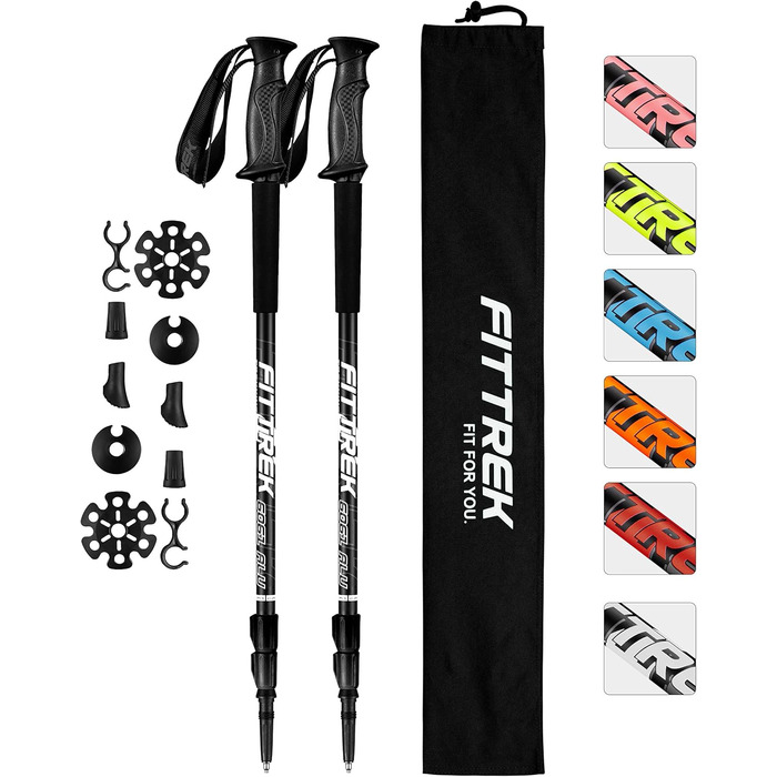Тrekking Sticks FitTrek: Телескопічні палиці для ходьби та трекінгу, легкі, регульовані, з гумовими накладками та сумкою (алюміній 6061, чорний)